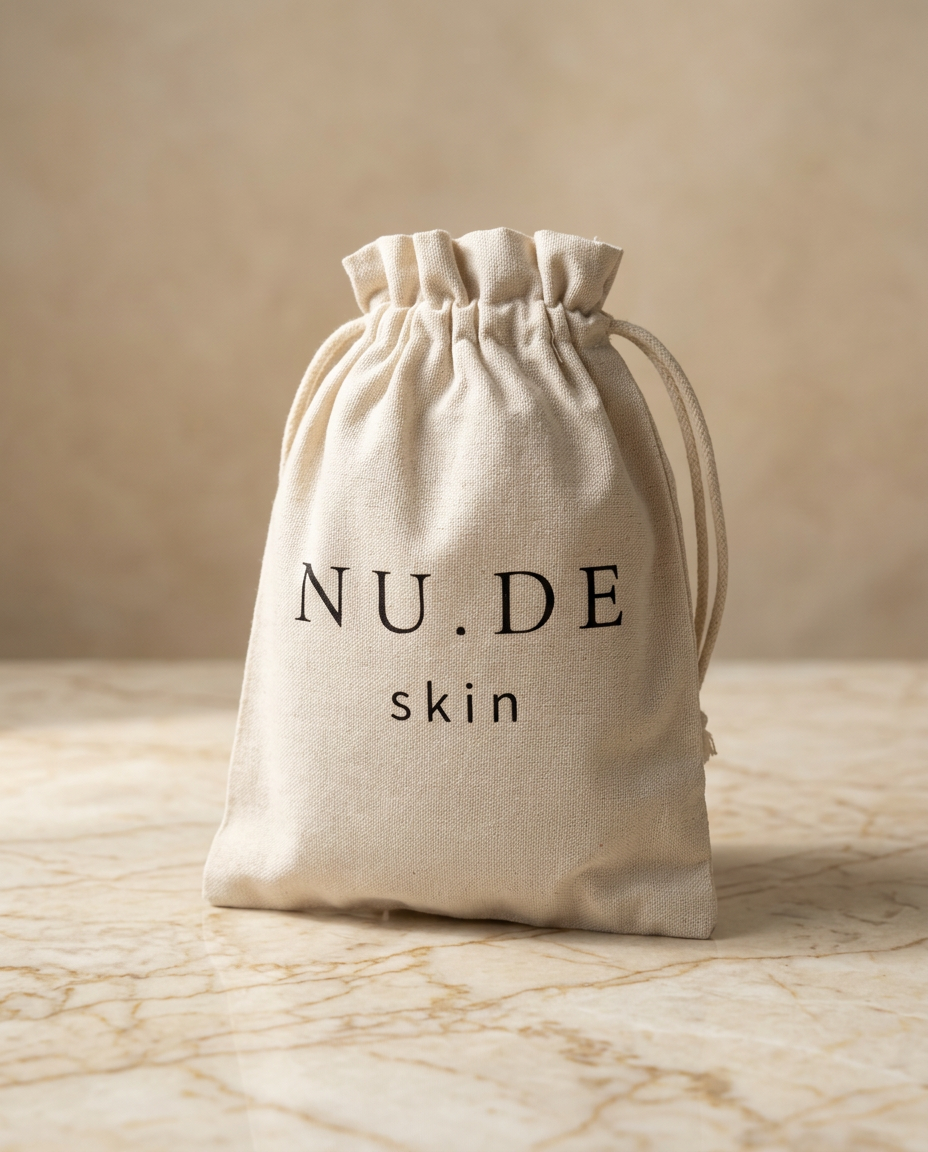 Pochon en pur lin naturel NU.DE skin sur marbre crème