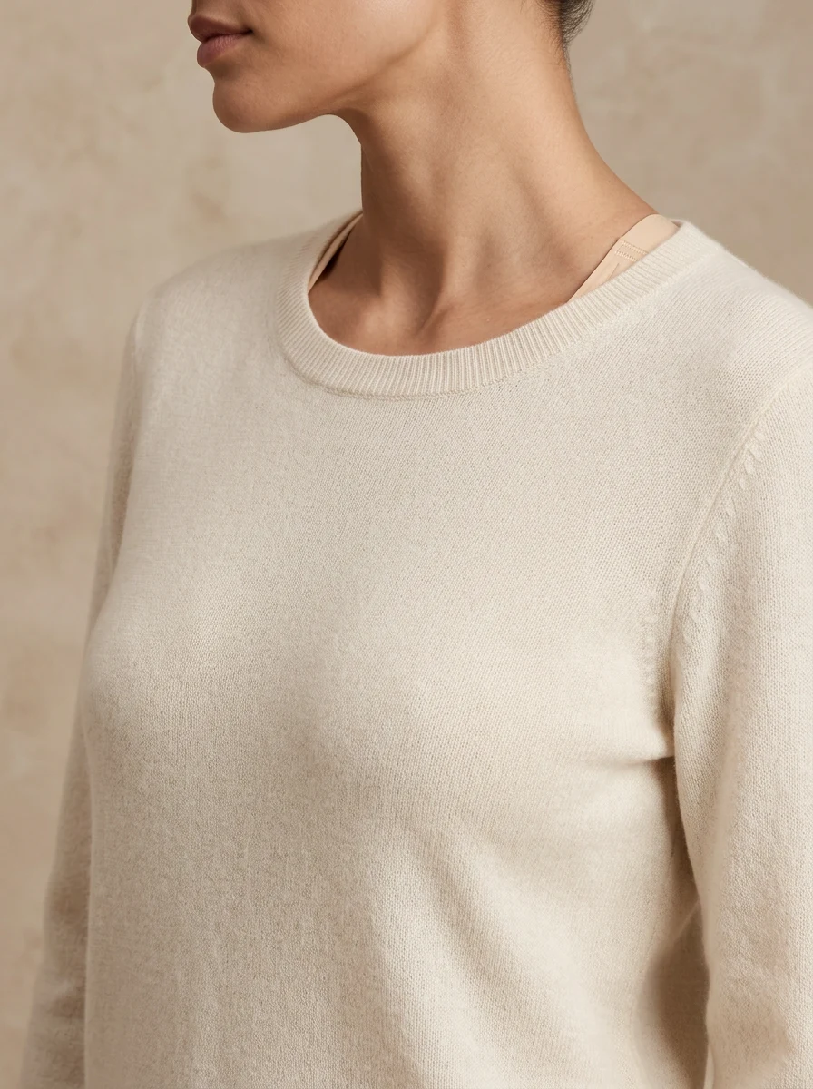 Femme portant La Brassière NU.DE skin, invisible sous un pull blanc